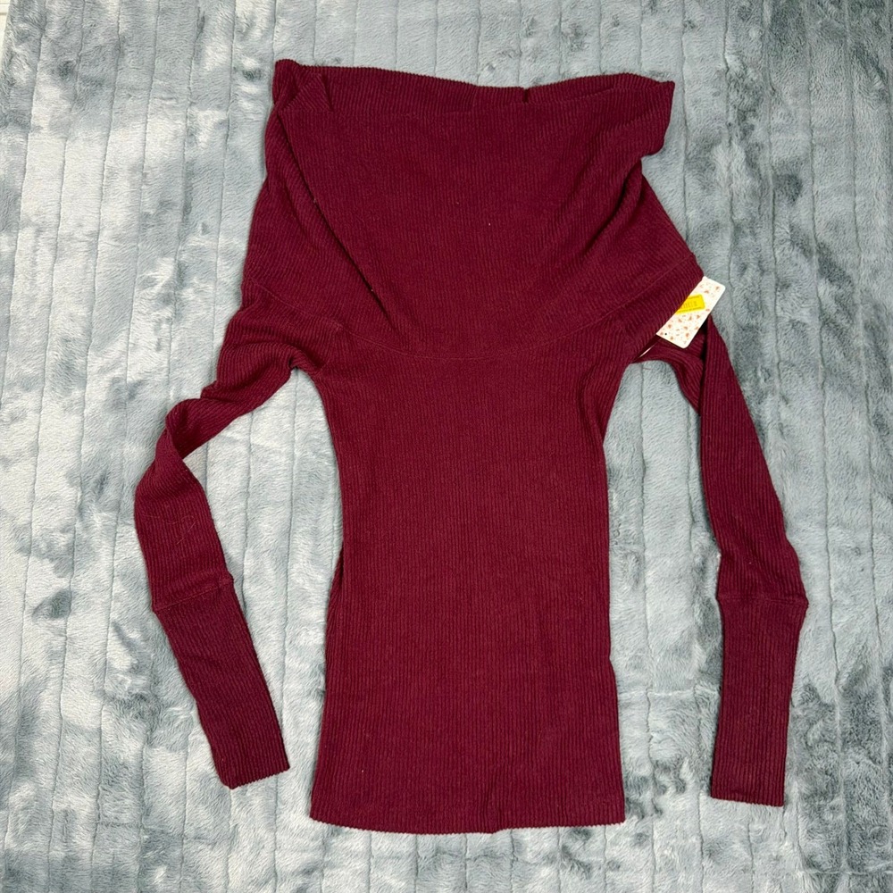 Free People We The Free Vetiver Bloom Ribbed Cowl Neck Top Burgundy Womens M NEW